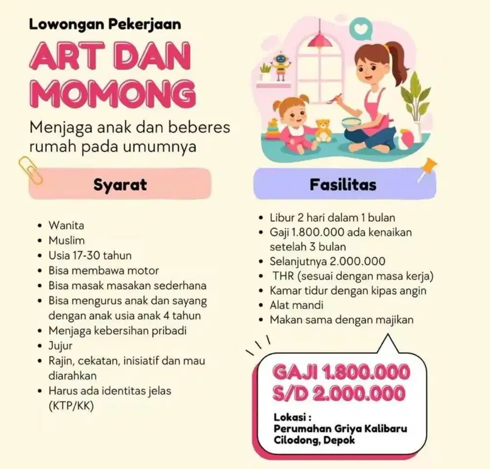Lowongan menginap art / ART Momong pengasuh