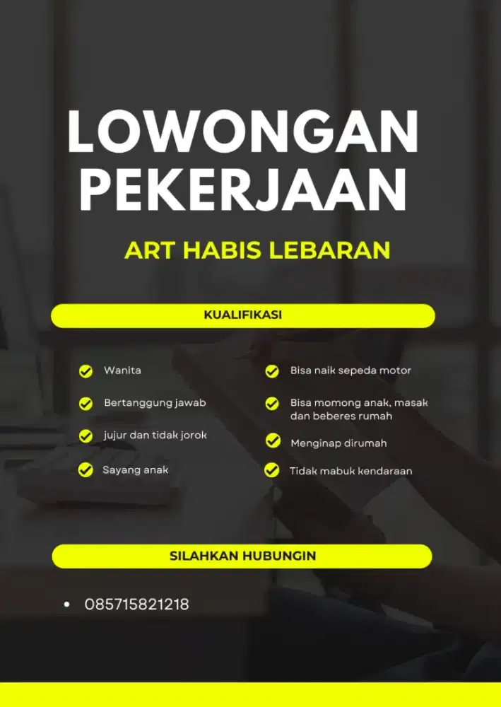 dicari ART yang bisa nginap dirumah