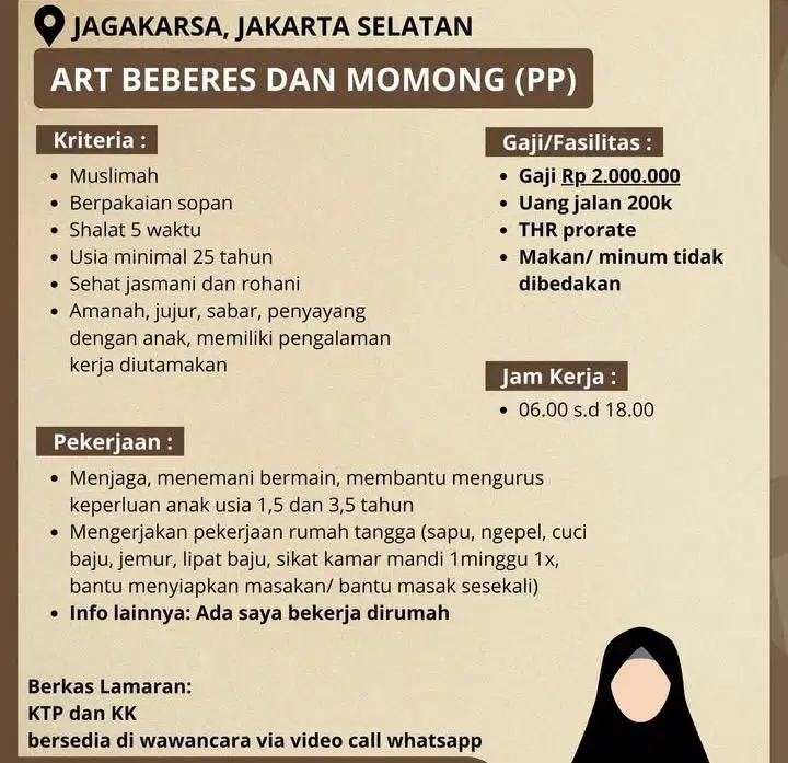 Dicari ART Momong PP Lenteng Agung Jagakarsa