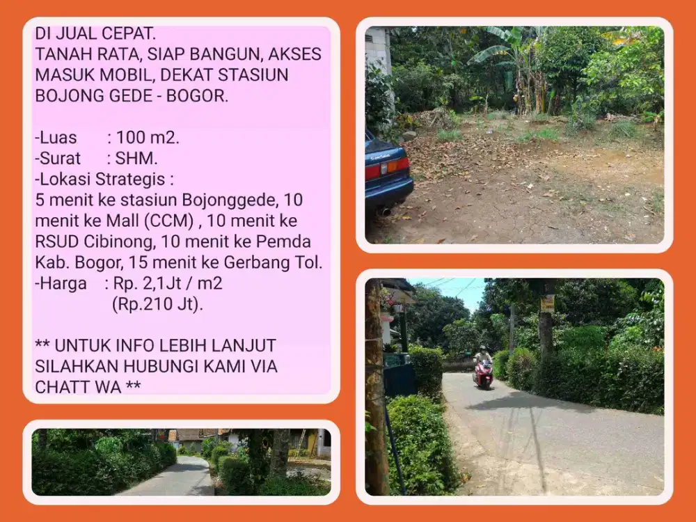 Tanah  Murah Bagus Akses Mobil 100m2 SHM Strategis Dekat Tol 5 menit ke Stasiun kereta Bojonggede-Bogor.