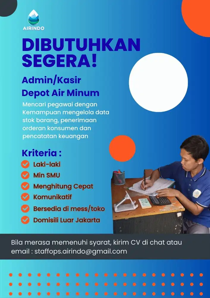 LOWONGAN PRIA ADMIN / KASIR DEPOT AIR MINUM (WAJIB DIMESS/TOKO)