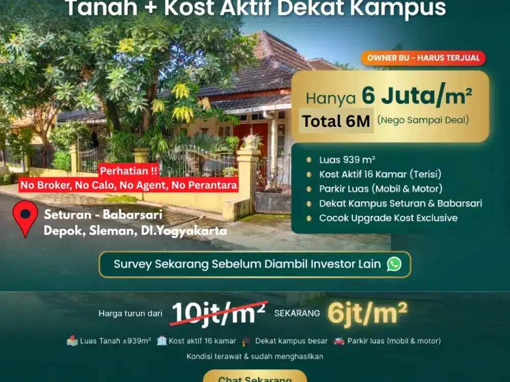 Tanah SHMP 939m² Bonus Rumah Induk 4kt+16kt kost aktif Seturan-Babarsari Dekat UPN