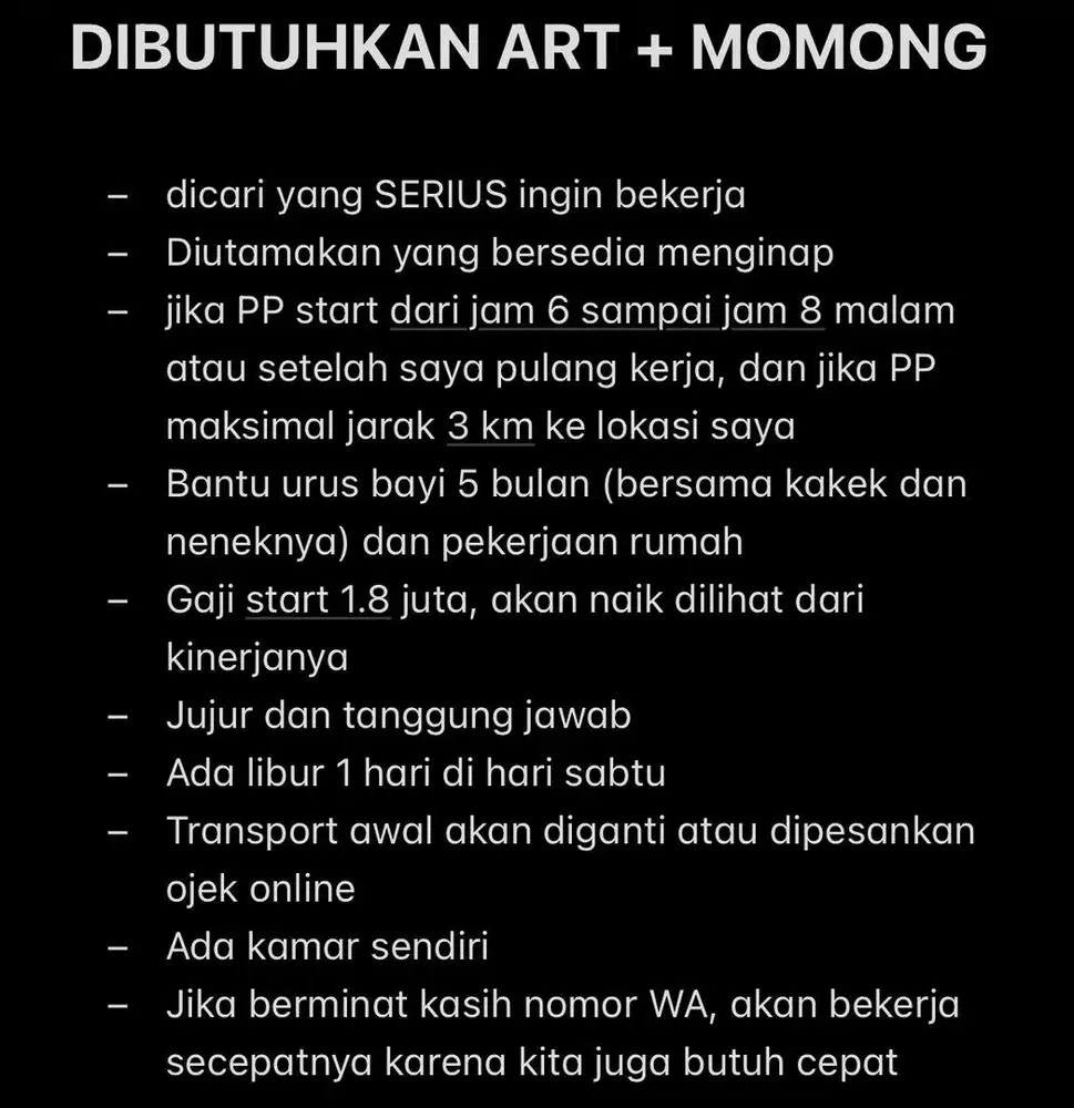 LOWONGAN KERJA ART + MOMONG JAKARTA TIMUR