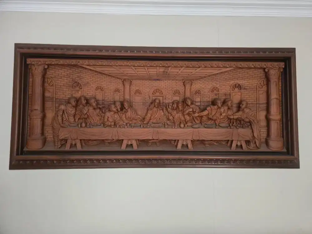 Lukisan kayu jati Tuhan Yesus dan murid-muridnya