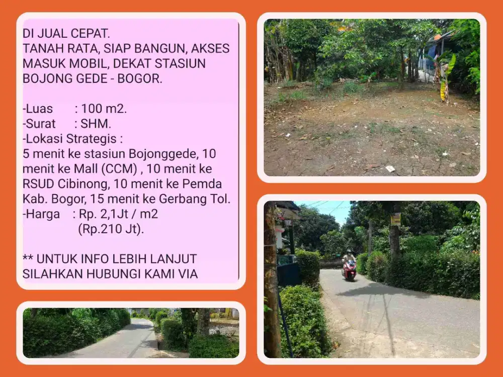 Tanah Potensi Naik Harga cepat area Berkembang 100m2 Dekat Tol dan Stasiun kereta di Bojonggede-Bogor