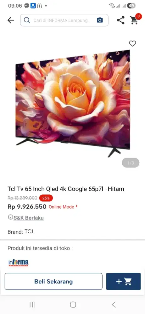 Tcl tv 65 inci qled 4k google tv 65p7l