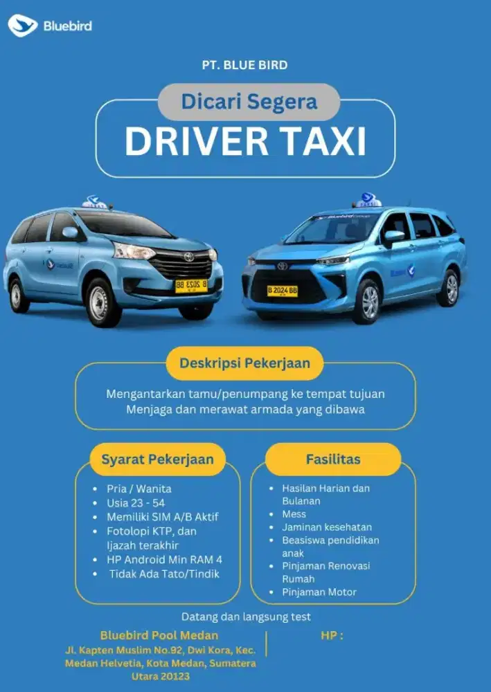 Dibutuhkan segera  driver taksi blue bird