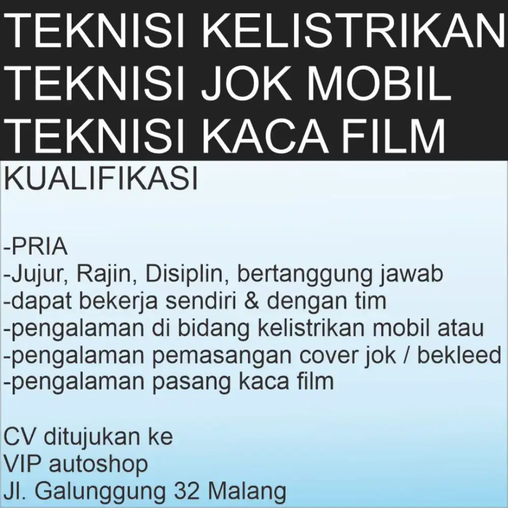Lowongan Variasi Mobil Kaca Film Audio Jok Mobil