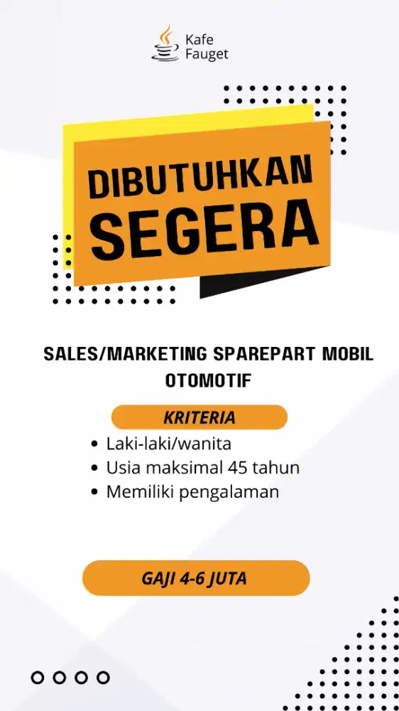 DI CARI SALES/MARKETING SPAREPART MOBIL OTOMOTIF