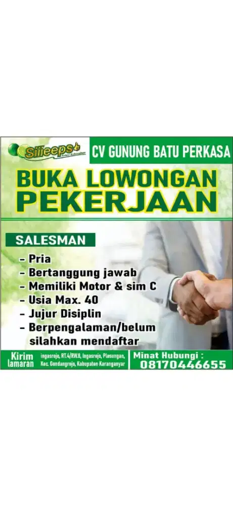 DIBUTUHKAN TENAGA SALES / MARKETING