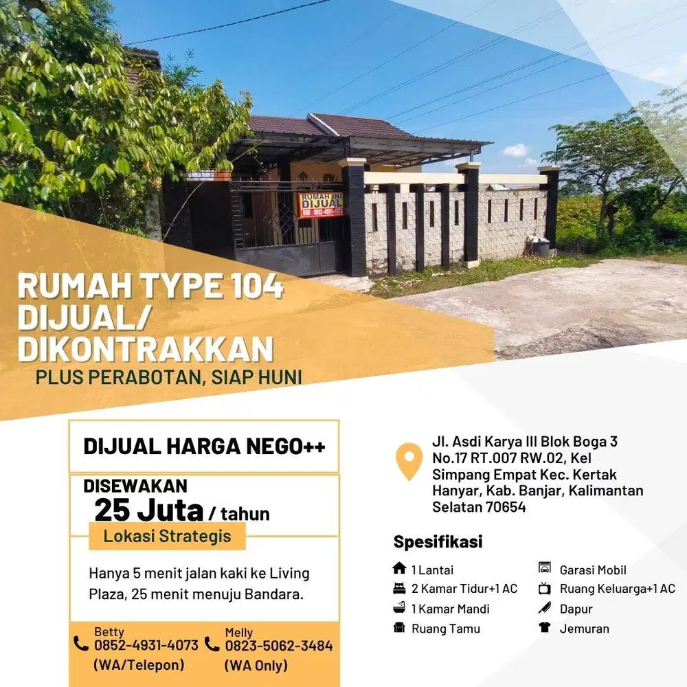 DIJUAL SECEPATNYA / DISEWAKAN RUMAH TYPE 104