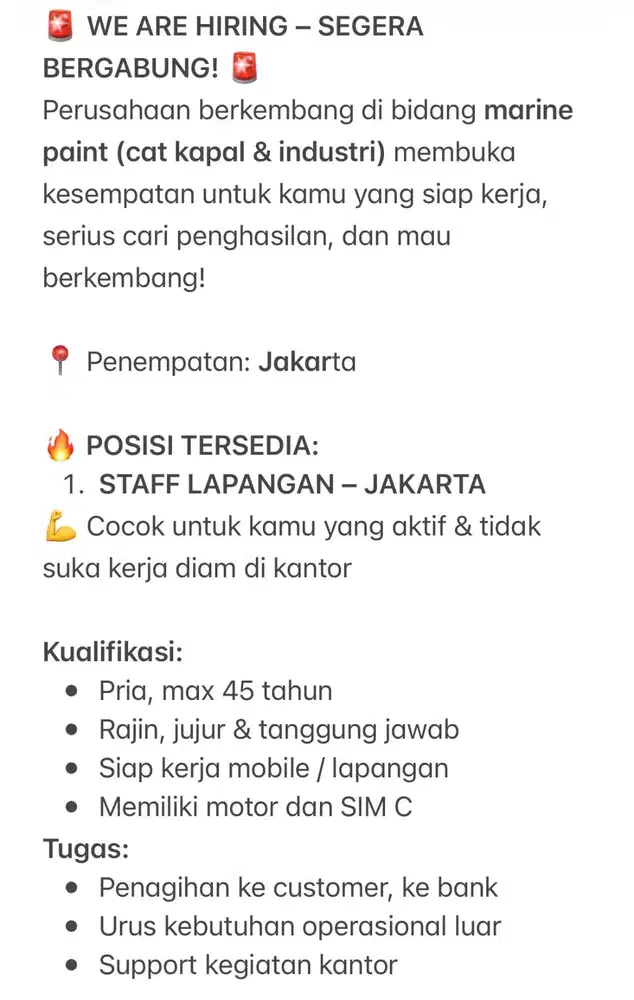 LOWONGAN KERJA SALES & STAF LAPANGAN JAKARTA & KENDARI