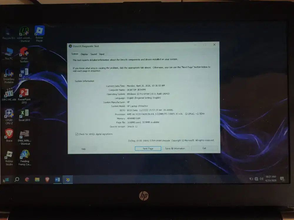 Laptop hp 14 bw502au amd A6 layar 14 inci Ram 4 HDD 500GB Windows 10