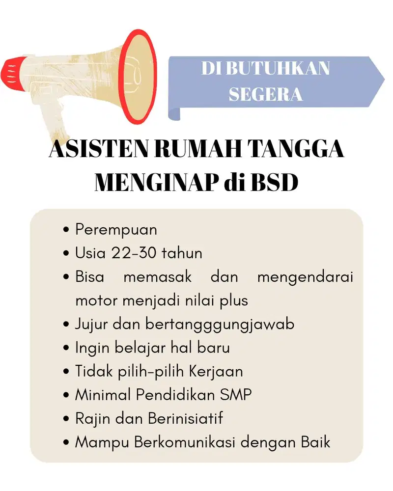 BUTUH SEGERA ASISTEN RUMAH TANGGA WANITA MENGINAP DI BSD