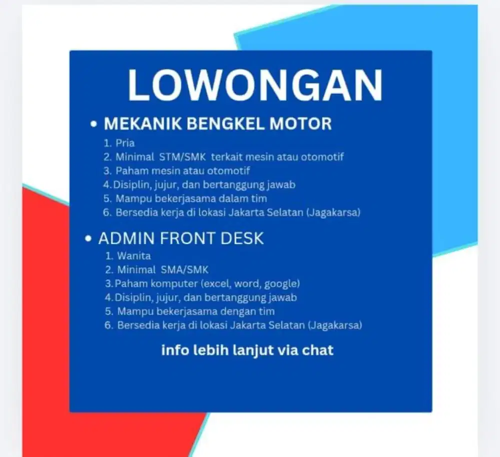 Lowongan mekanik bengkel dan staff admin frontdesk