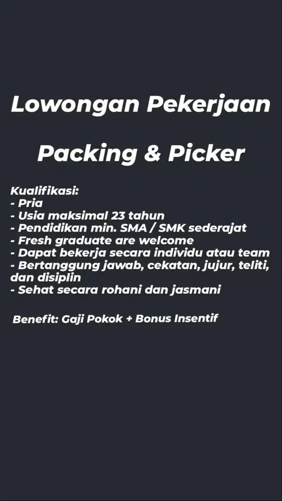LOWONGAN PEKERJAAN (TUKANG PACKING & HELPER) *Onlineshop