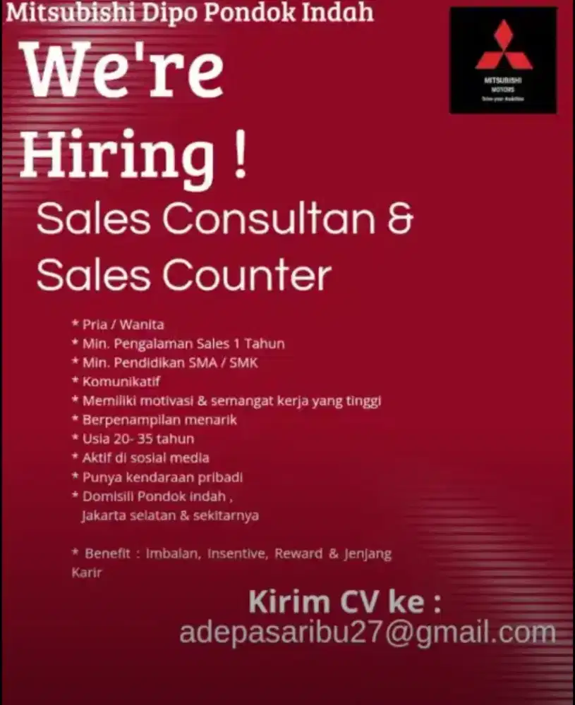 DIBUTUHKAN SALES COUNTER & SALES CONSULTAN