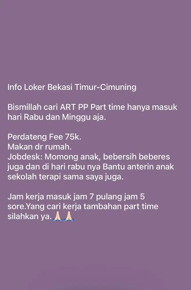 Lowongan Kerja ART PP wajib Perempuan