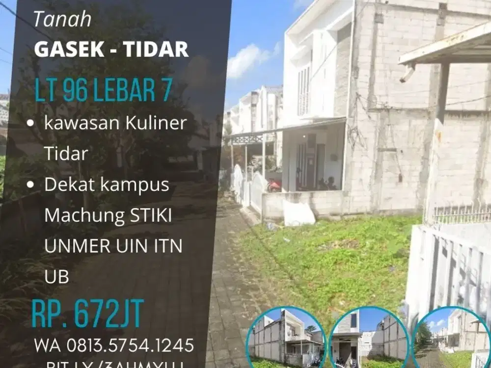 Tanah dijual di Gasek Tidar Karangbesuki LT96 Leb7 672jt
