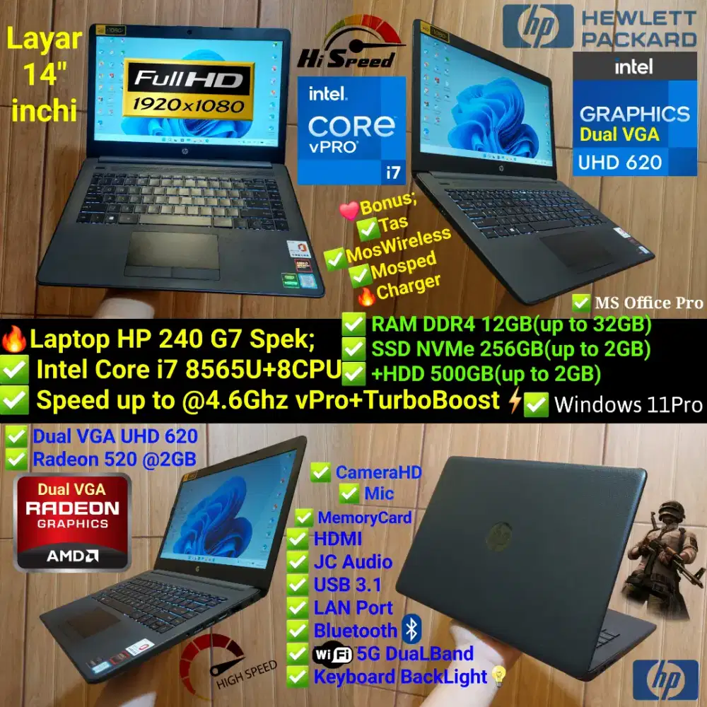 Core i7 8565U Dual VGA RAM 12GB NVME 256GB+HDD 500GB Laptop HP G7