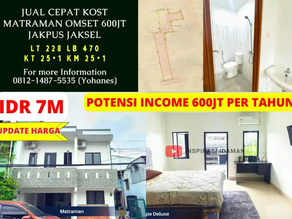 Jual Cepat Kost Matraman 25KT omset 600jt Jakpus Jaksel