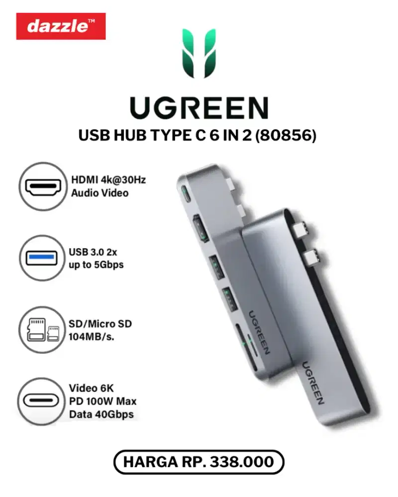 UGREEN USB HUB TYPE C 6-IN-2 (80856)