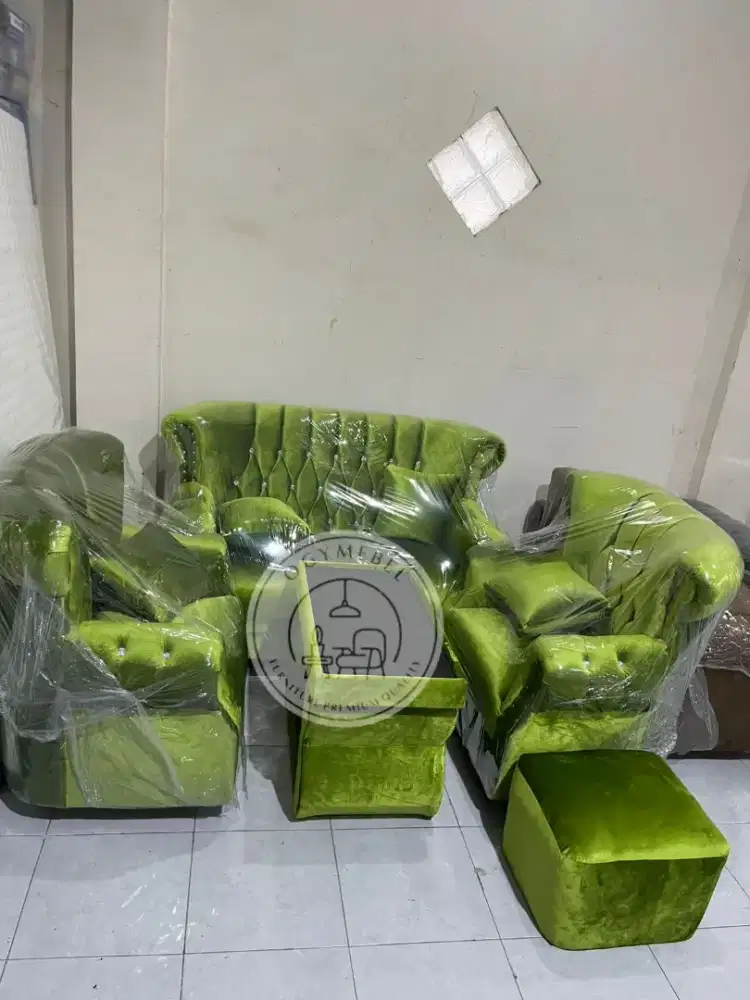 Promo sale satu set sofa turki warna hijau cantik bahan bludru lembut