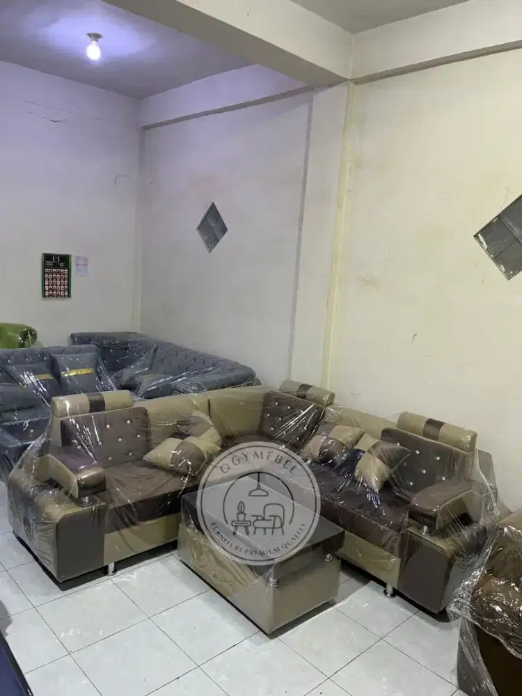 Promo sale sofa L set meja free bahan budru dan kulit termurah