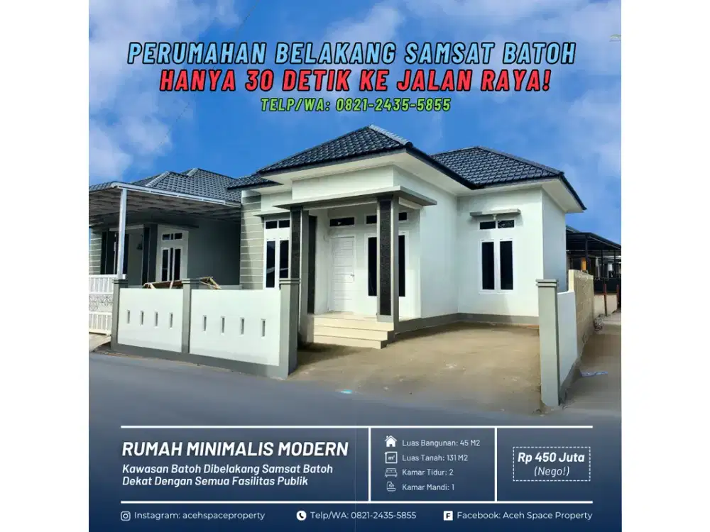 Dijual Rumah Murah Dibelakang Samsat Batoh - Dekat Jalan Raya Dr. Mohd. Hasan Batoh!