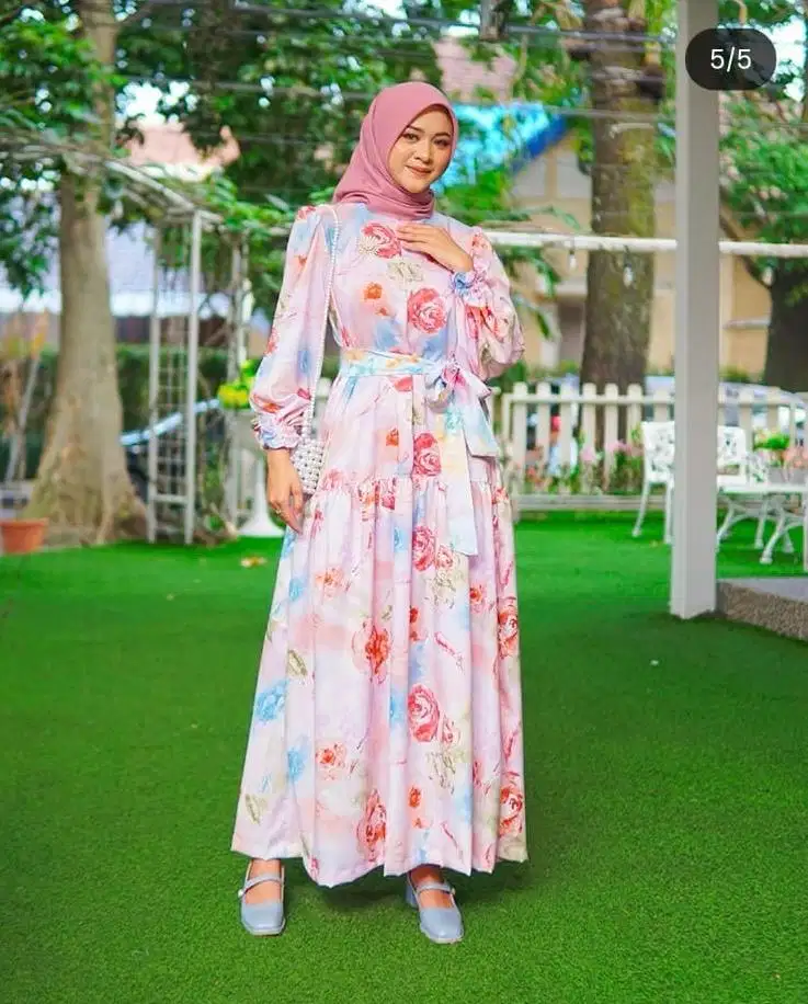 Gamis bunga pink premium, gamis wanita premium, gamis panjang