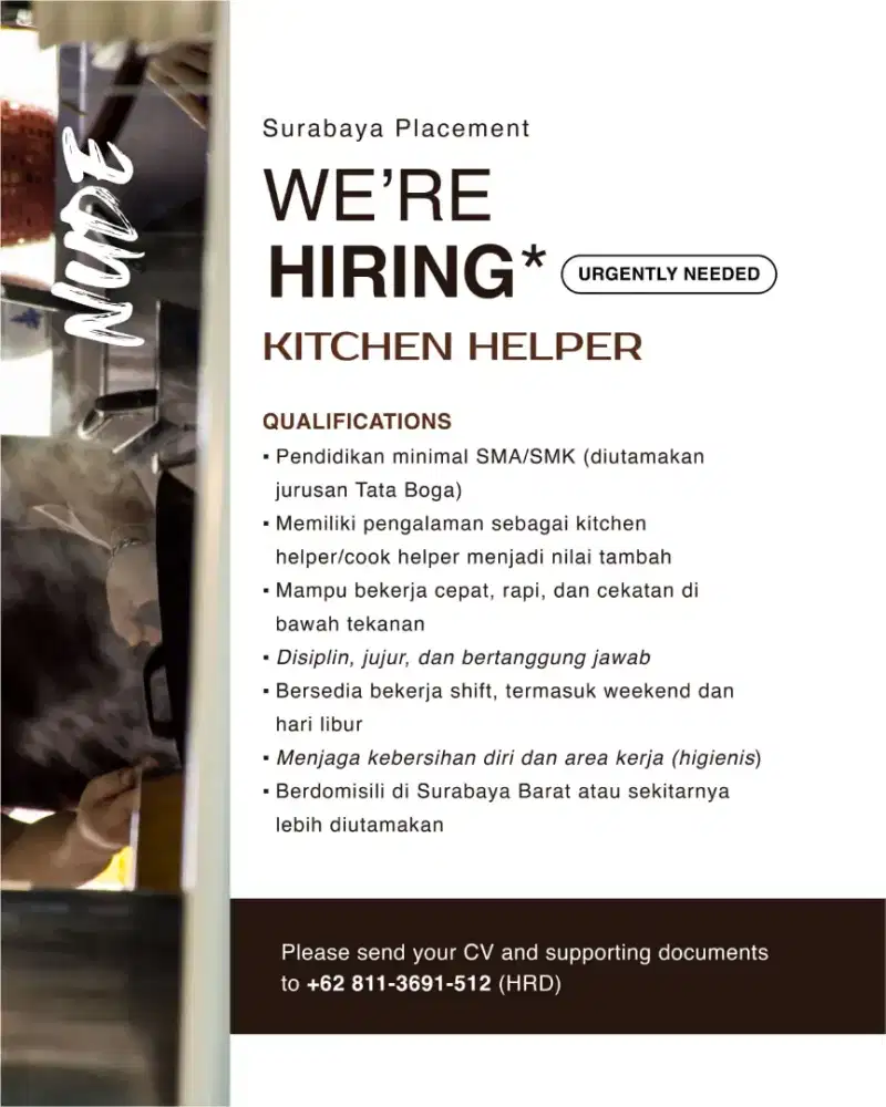 DIBUTUHKAN SEGERA KITCHEN HELPER