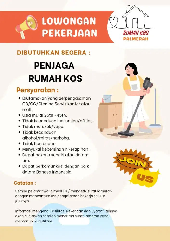 Dibutuhkan Penjaga Kos untuk Area Palmerah dengan Pengalaman OB OG