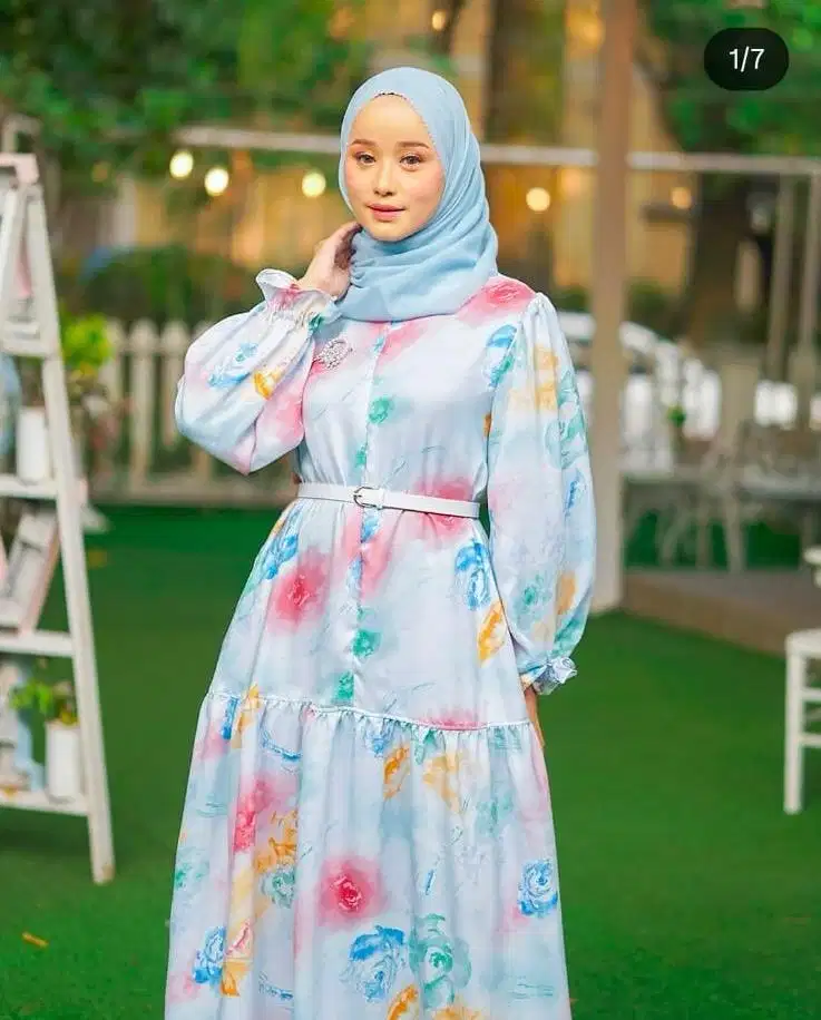 Gamis bunga soft blue premium, melayu dress premium