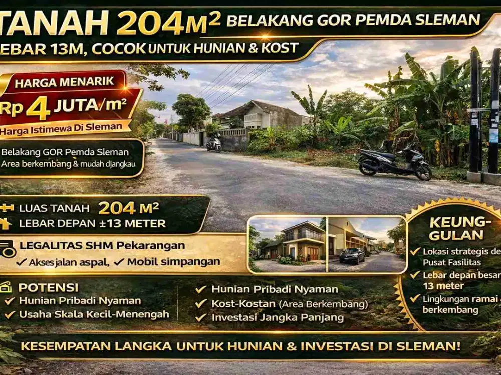 Tanah 204m² Belakang GOR Pemda Sleman – Lebar 13m, Cocok Hunian & Kost