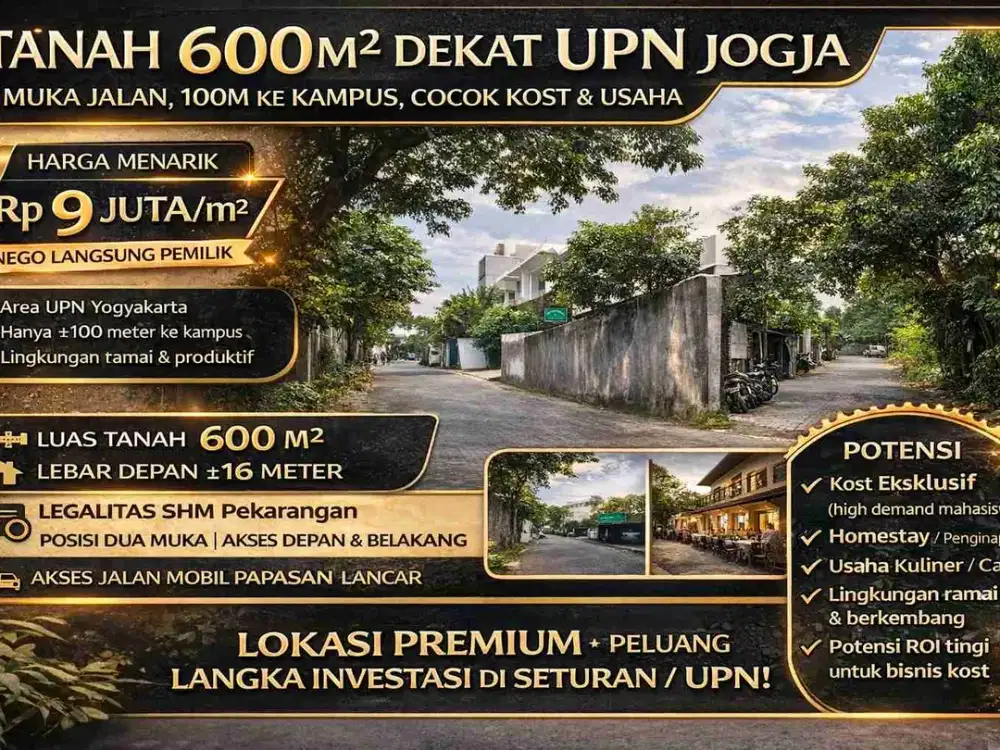 Tanah 600m² Dekat UPN Jogja – 2 Muka Jalan, 100m ke Kampus, Cocok Kost & Usaha