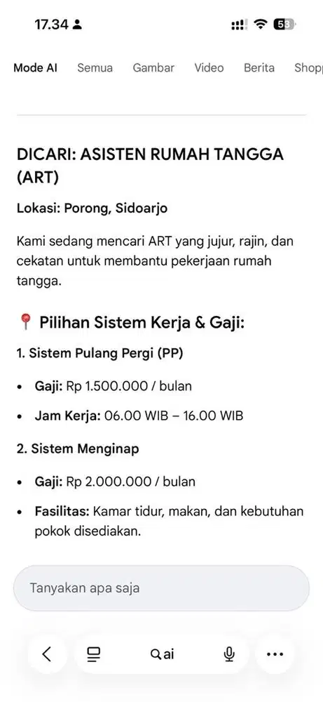 Dicari ART/Pembantu Rumah Tangga