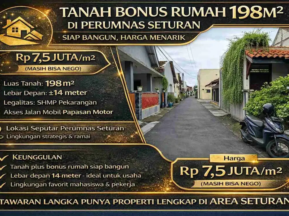 Tanah 198m² Bonus Rumah di Seturan – Lebar 14m, Lokasi Strategis