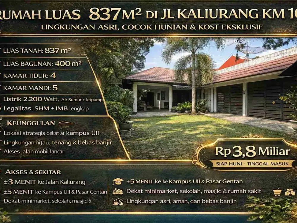 Rumah Luas 837m² di Jl Kaliurang Km 10 – Lingkungan Asri, Cocok Hunian & Kost Eksklusif