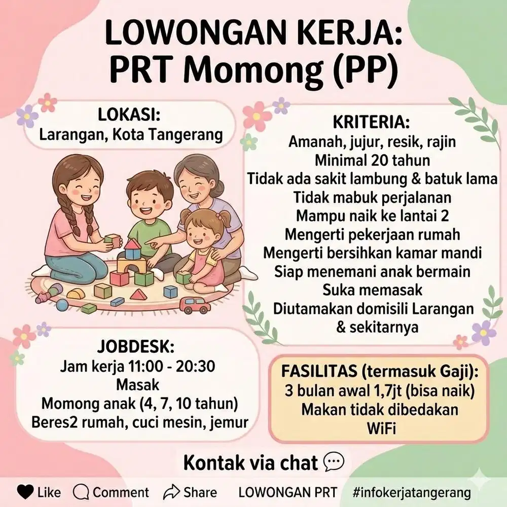Dibutuhkan PRT ART (pekerja rumah tangga) Momong Pulang Pergi (PP)