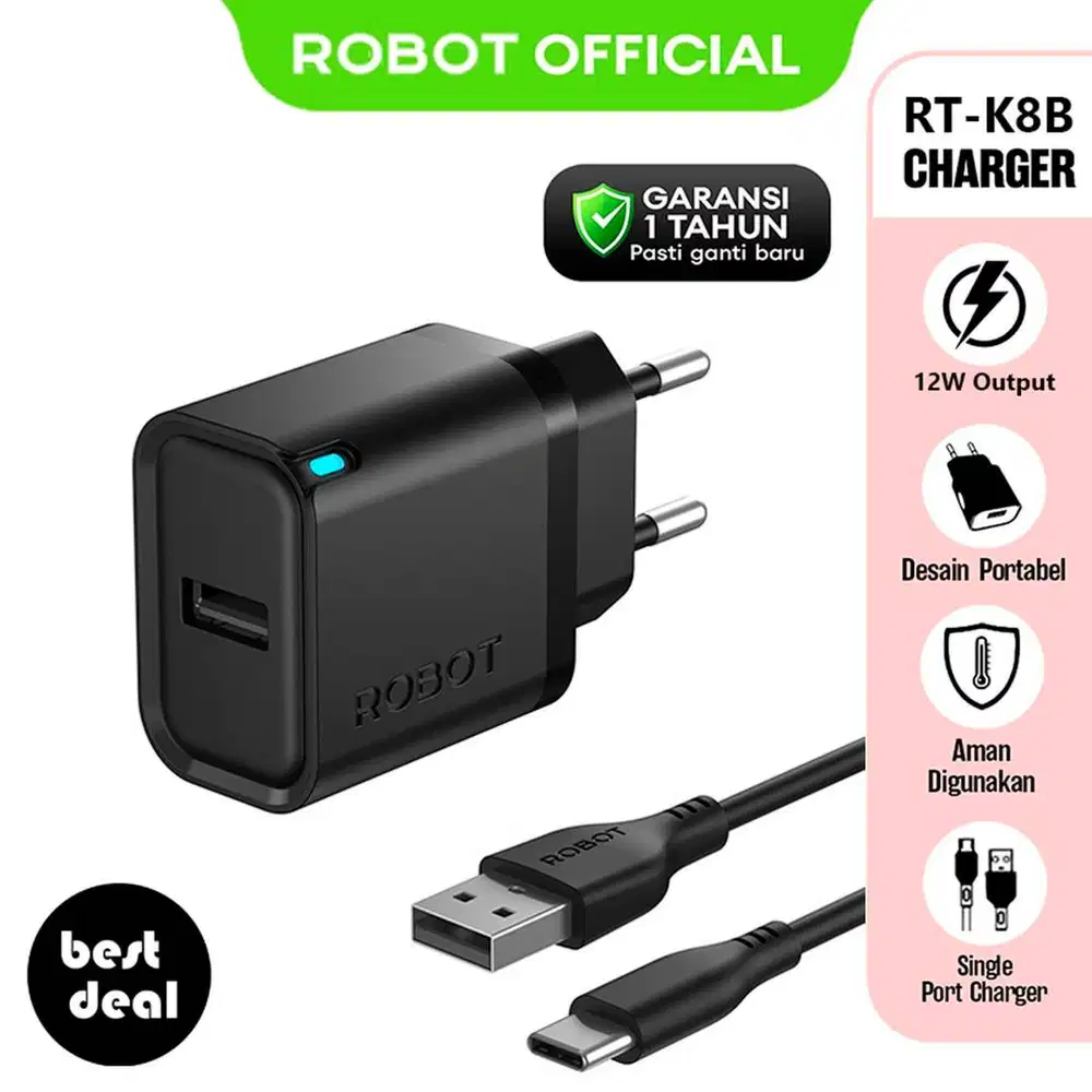 Robot RT-K8B Adaptor Charger Set 5V/2.4A 12W with Cable USB-C Kabel