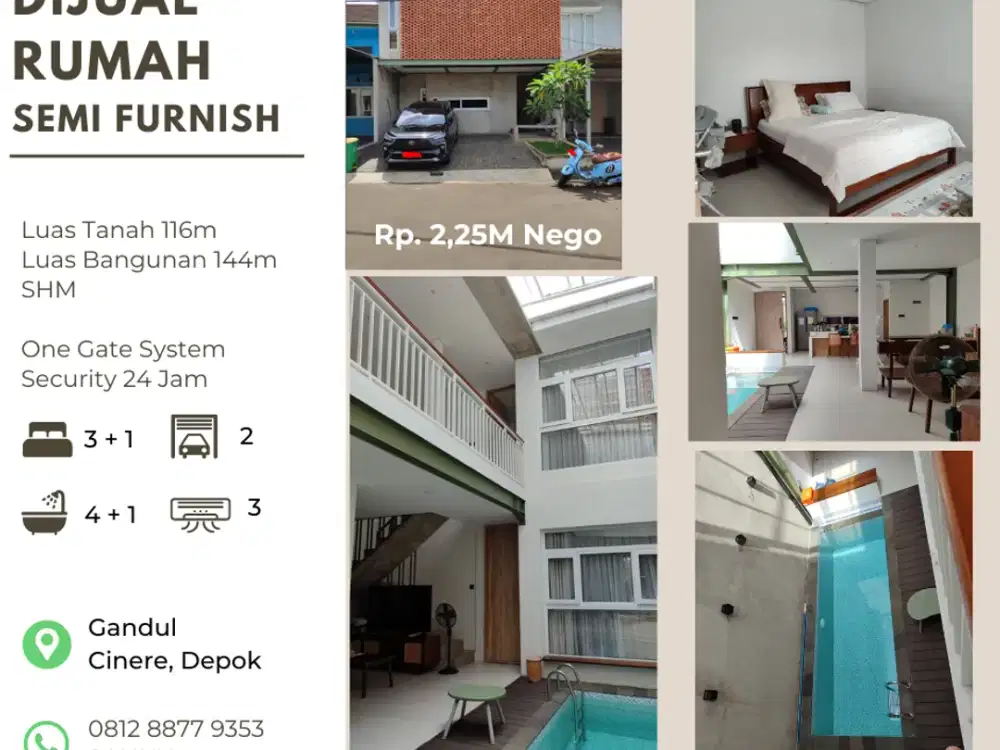 Rumah Siap Huni Semi Furnish Private Pool, Gandul Cinere - Depok