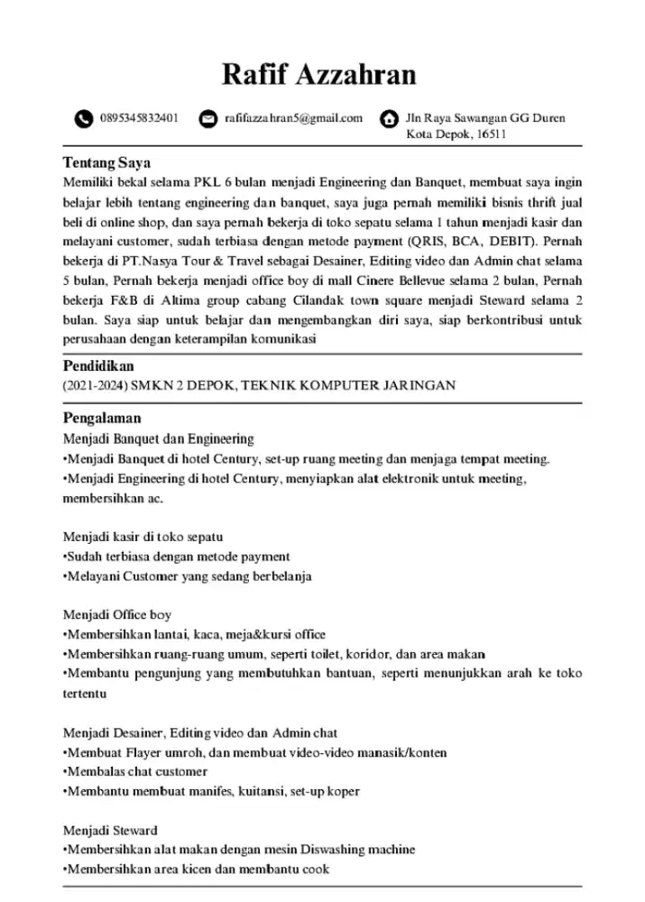 Mencari pekerjaan di DEPOK (Rafif Azzahran, 20Tahun, Laki-laki, Islam)