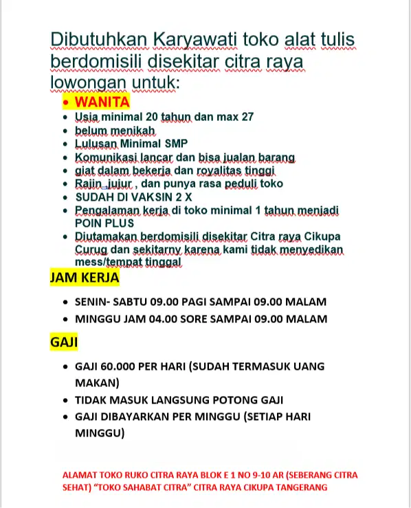 LOWONGAN PEKERJAAN SEBAGAI PENJAGA TOKO ATK UNTUK WANITA DI CITRA RAYA