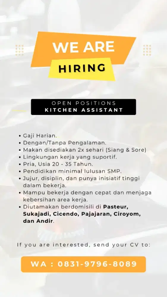 MASIH DIBUKA, Pegawai Tempat Makan (PRIA) GAJI HARIAN