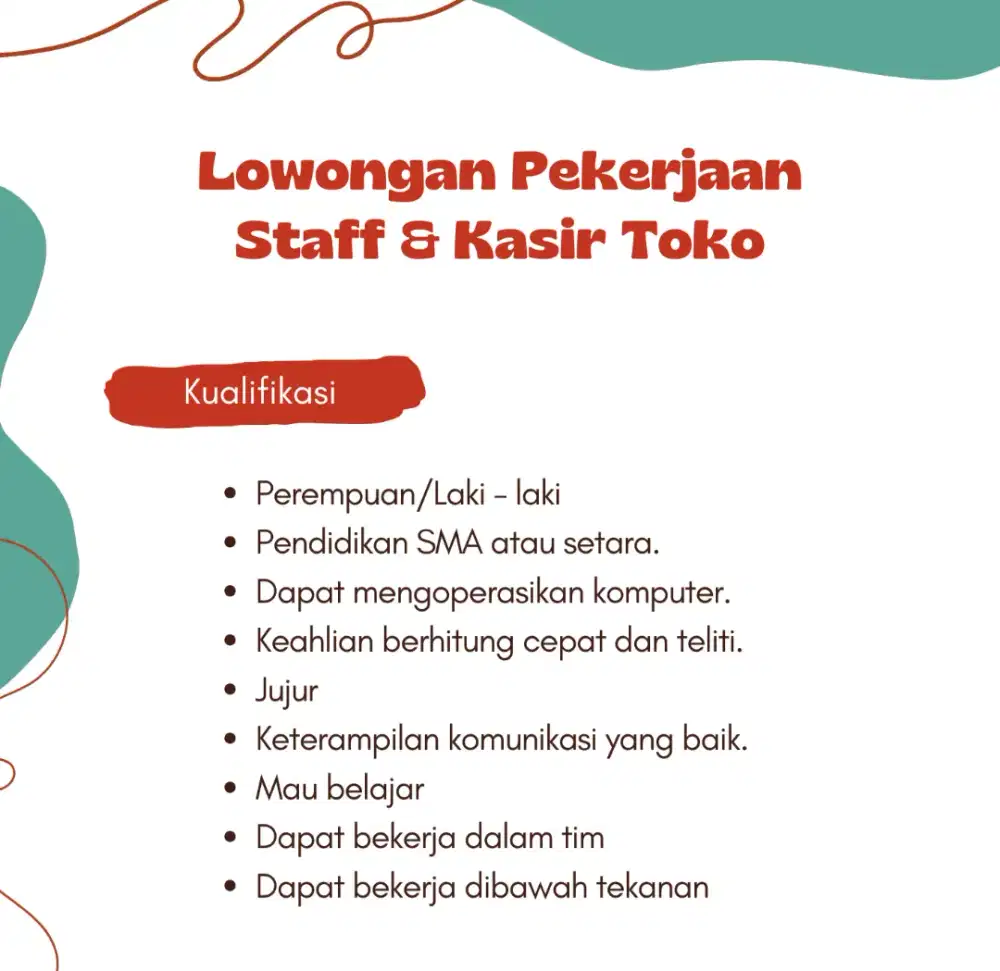 LOWONGAN PEKERJAAN STAFF & KASIR TOKO