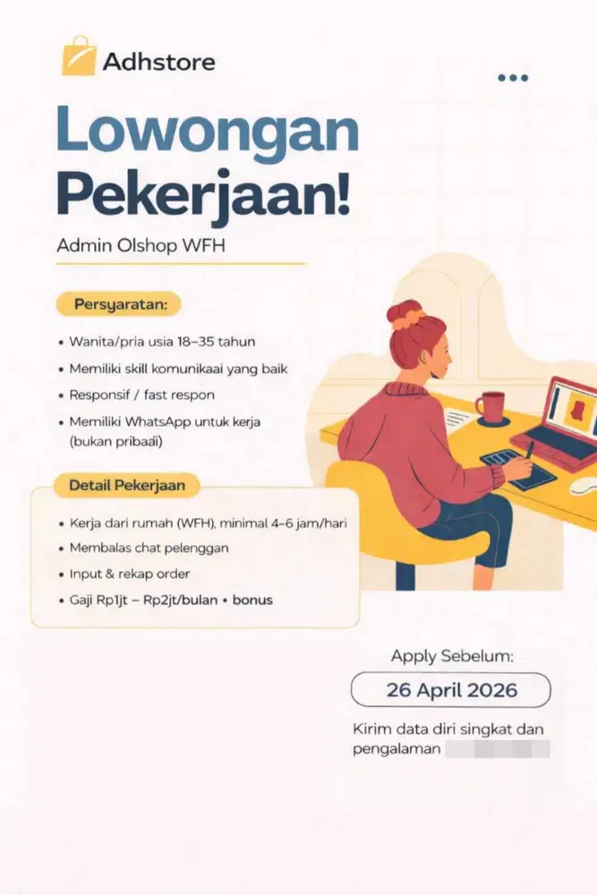 Lowongan Admin Olshop WFH (Part Time/Freelance)