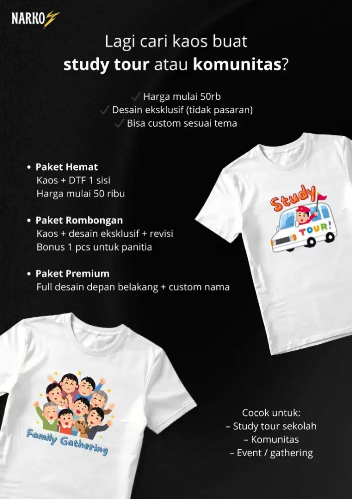 Kaos custom sablon DTF premium murah