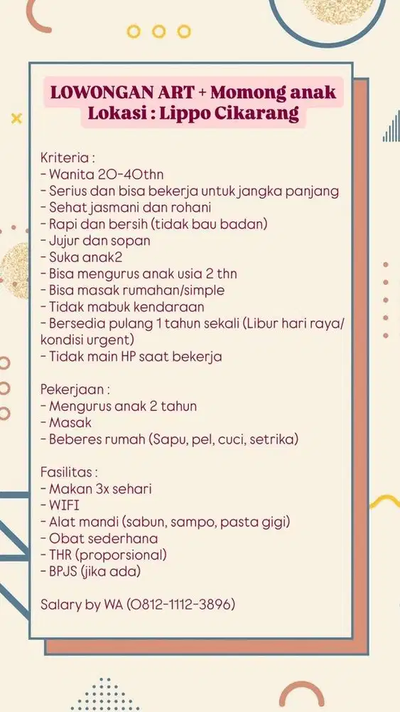 Dicari ART di daerah cikarang pusat