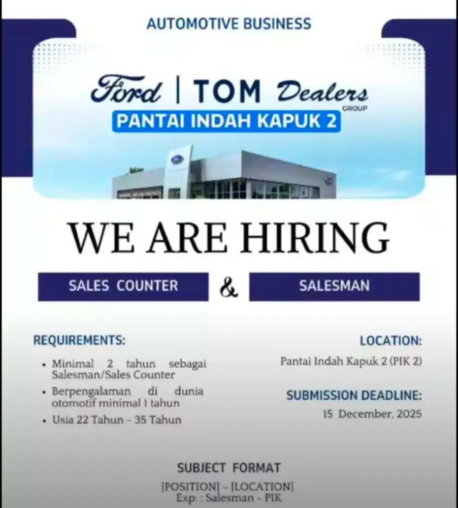 Lowongan Sales & Sales Counter mobil FORD PIK 2