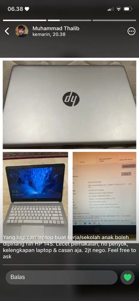 Laptop hp 14s 4gb